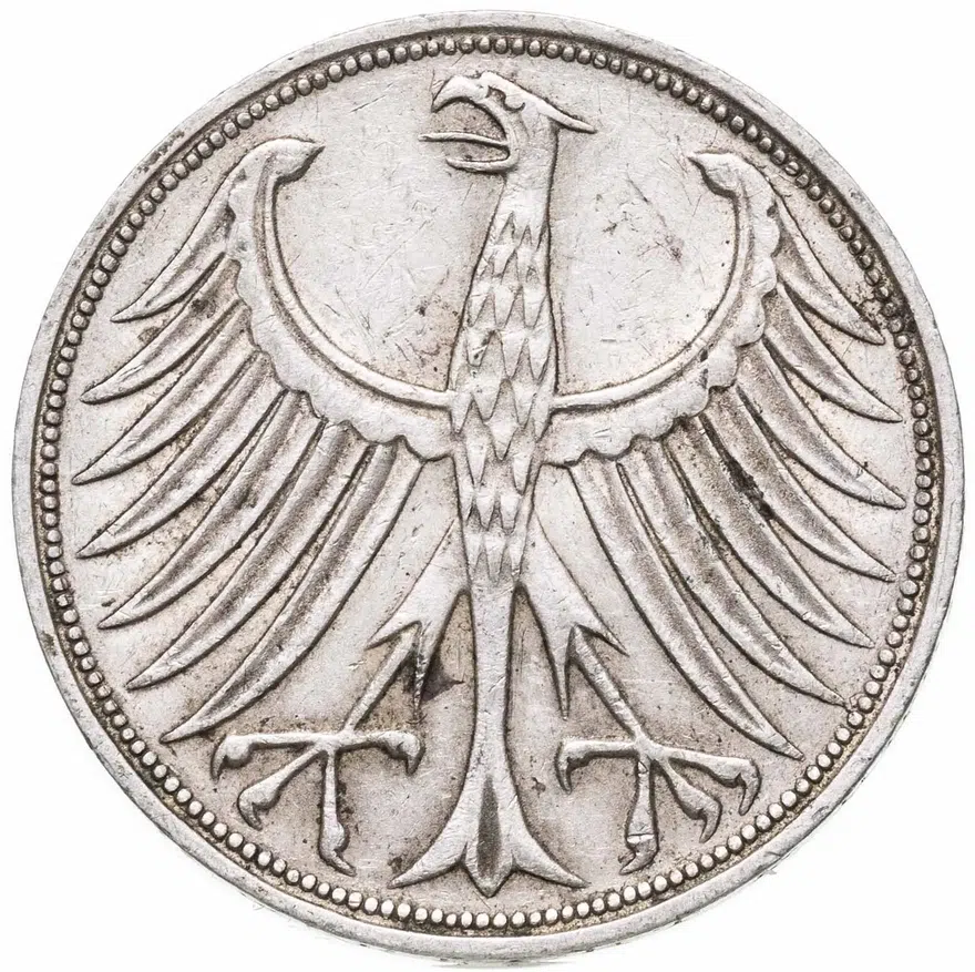Германия 5 марок (deutsche mark) 1966 F  знак монетного двора: "F" - Штутгарт, реверс