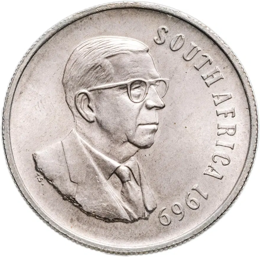 ЮАР 1 ранд (рэнд, rand) 1969 "Окончание президентства Теофилуса Дёнгеса /South -AFRICA", реверс