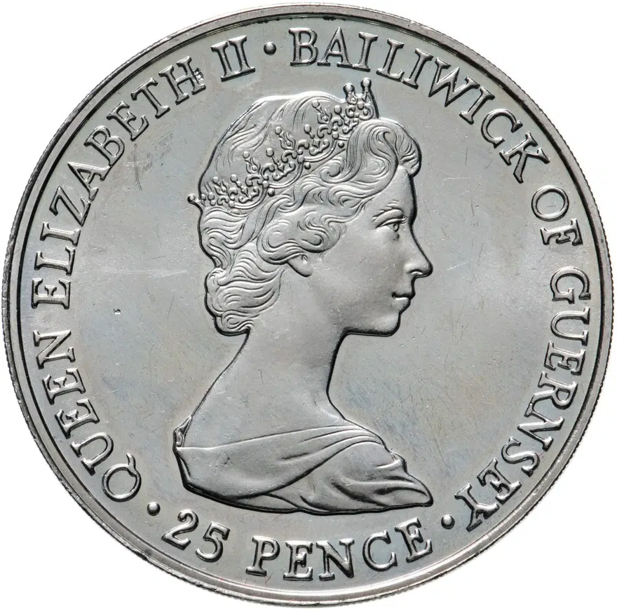 Гернси 25 пенсов (pence) 1980  80 лет Королеве-матери, реверс