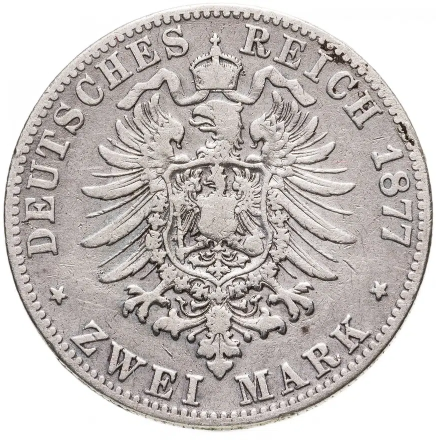 Германия (Империя) 2 марки (mark) 1877 C  знак монетного двора: "C" - Франкфурт-на-Майне, реверс