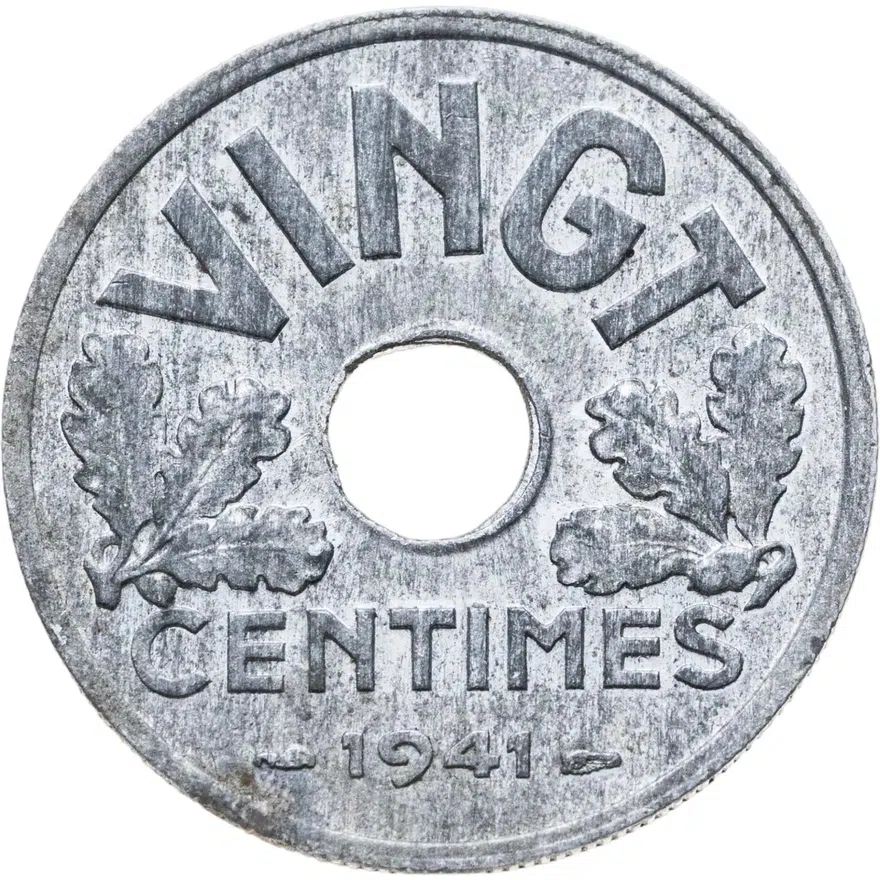 Франция 20 сантимов (centimes) 1941  Номинал - "VINGT", реверс