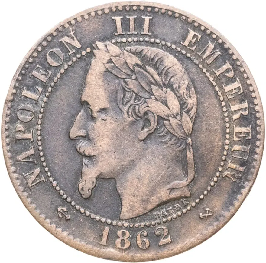 Франция 2 сантима (centimes) 1862 K  знак монетного двора: "K" - Бордо