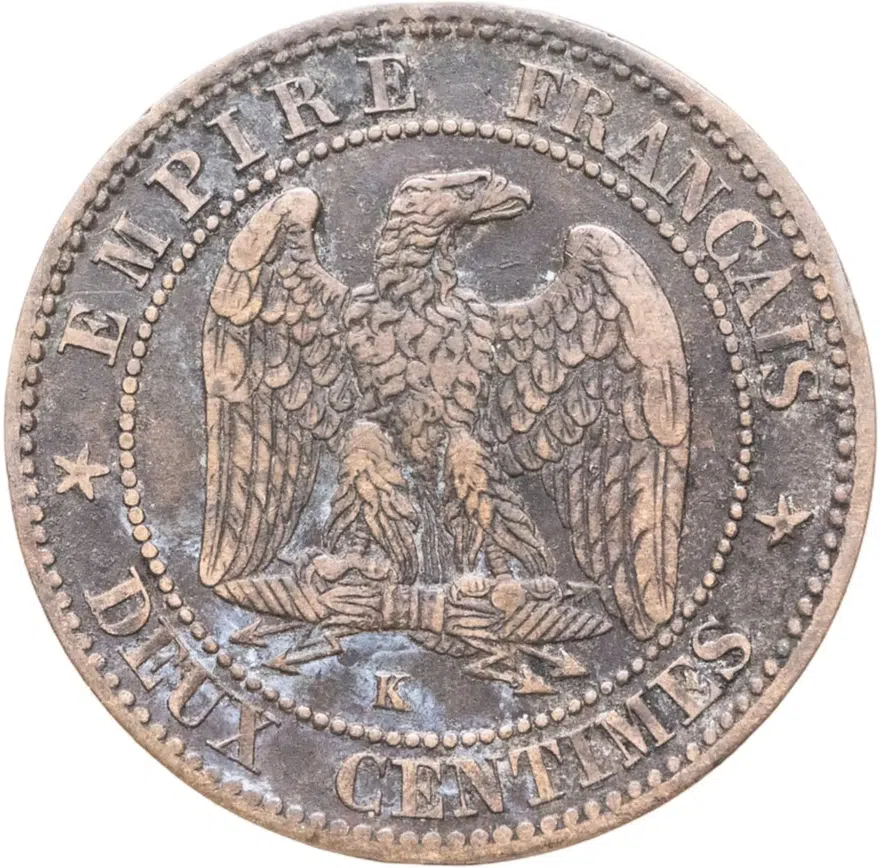 Франция 2 сантима (centimes) 1862 K  знак монетного двора: "K" - Бордо, реверс