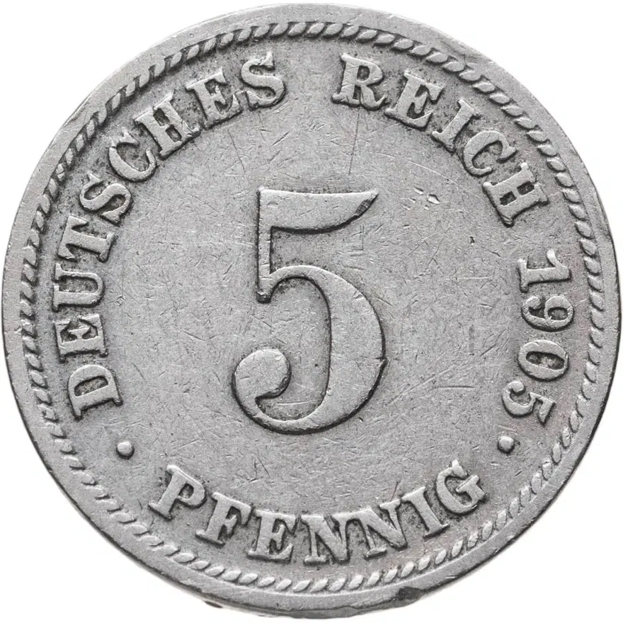 Германия 5 пфеннигов (pfennig) 1905 D  знак монетного двора: "D" - Мюнхен, аверс