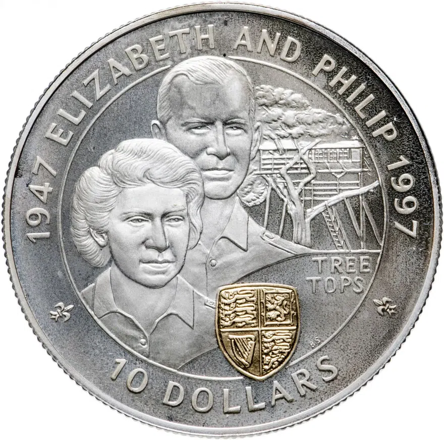 Фиджи 10 долларов (dollars) 1997  50 лет свадьбе Королевы Елизаветы II и Принца Филиппа, аверс