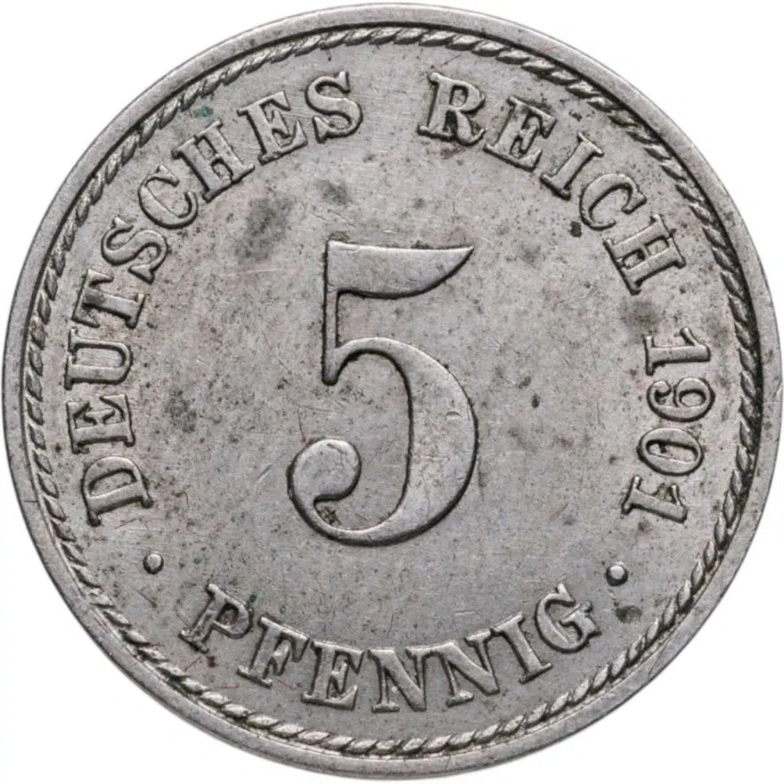 Германия 5 пфеннигов (pfennig) 1901 A  знак монетного двора: "A" - Берлин, аверс