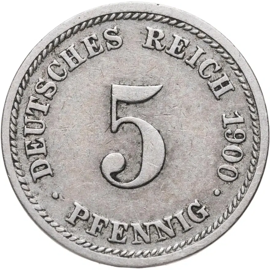 Германия 5 пфеннигов (pfennig) 1900 D  знак монетного двора: "D" - Мюнхен, аверс