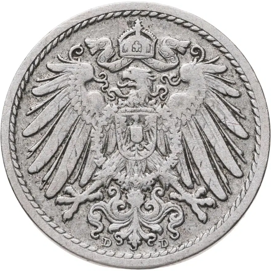 Германия 5 пфеннигов (pfennig) 1900 D  знак монетного двора: "D" - Мюнхен, реверс
