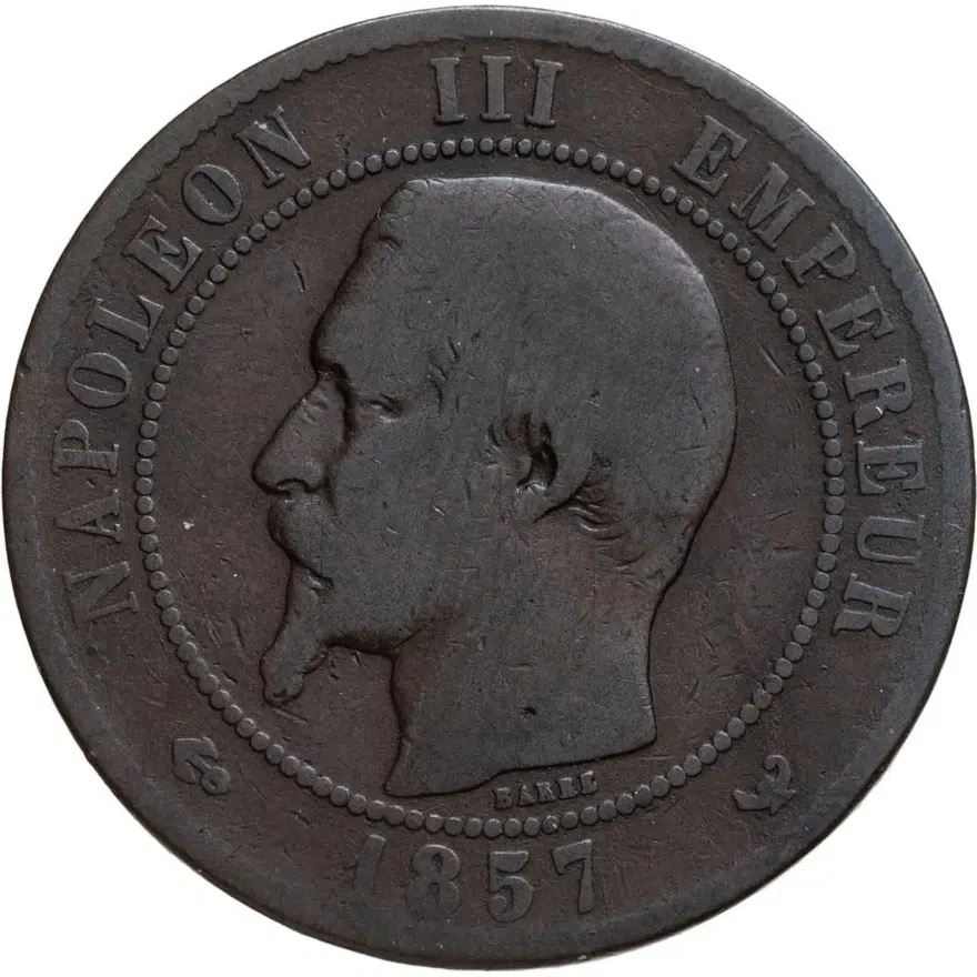 Франция 10 сантимов (centimes) 1857 W  знак монетного двора: "W" - Лилль, аверс