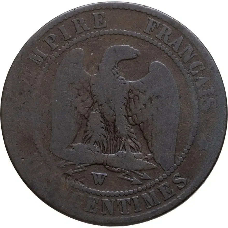 Франция 10 сантимов (centimes) 1857 W  знак монетного двора: "W" - Лилль, реверс