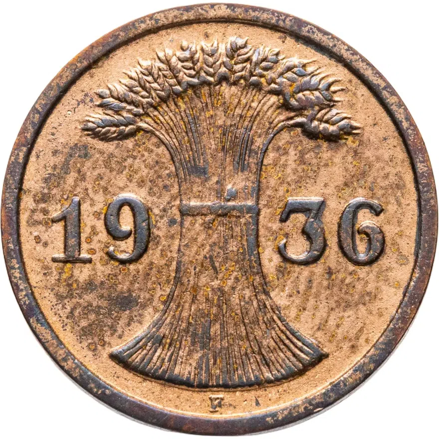 Германия 2 рейхспфеннига (reichspfennig) 1936 F  знак монетного двора "F" — Штутгарт, реверс