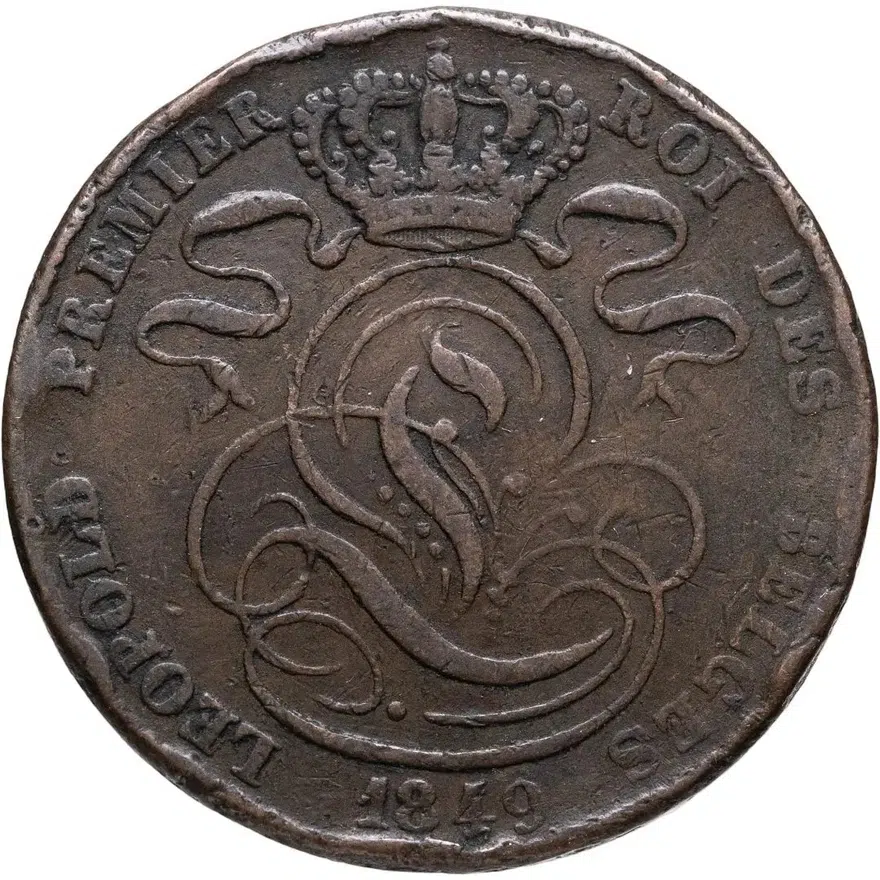 Бельгия 5 сантимов (centimes) 1849   Авторская метка с точкой