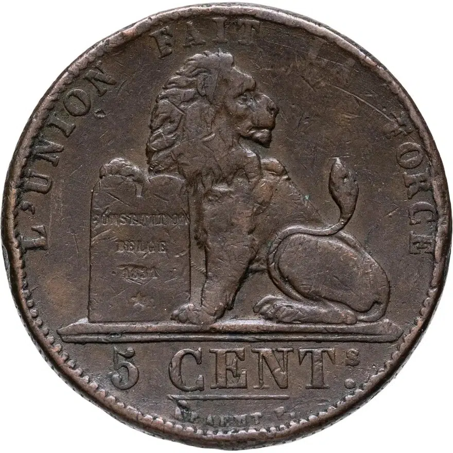 Бельгия 5 сантимов (centimes) 1849   Авторская метка с точкой, реверс