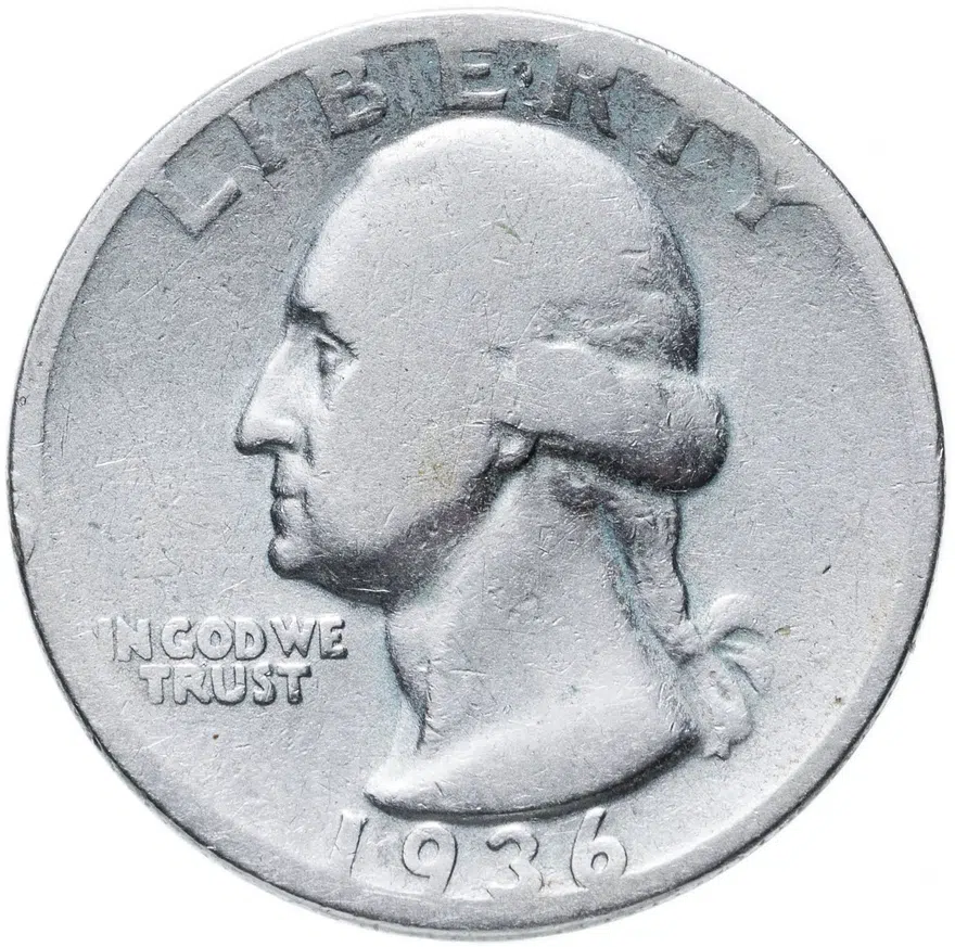 США 25 центов (квотер, 1/4 доллара, quarter dollar) 1936  Washington Quarter, аверс