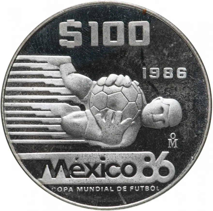 Мексика 100 песо (pesos) 1986 Чемпионат мира по футболу 1986 - Вратарь ловит мяч