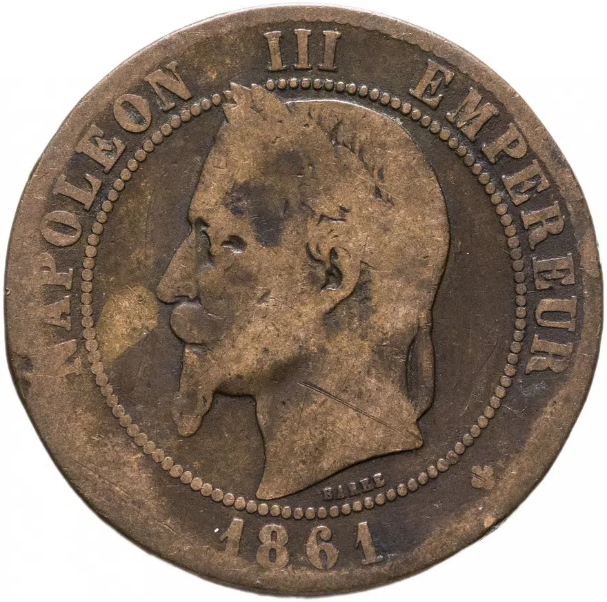 Франция 10 сантимов (centimes) 1861 BB   знак монетного двора: "BB" - Страсбург, аверс