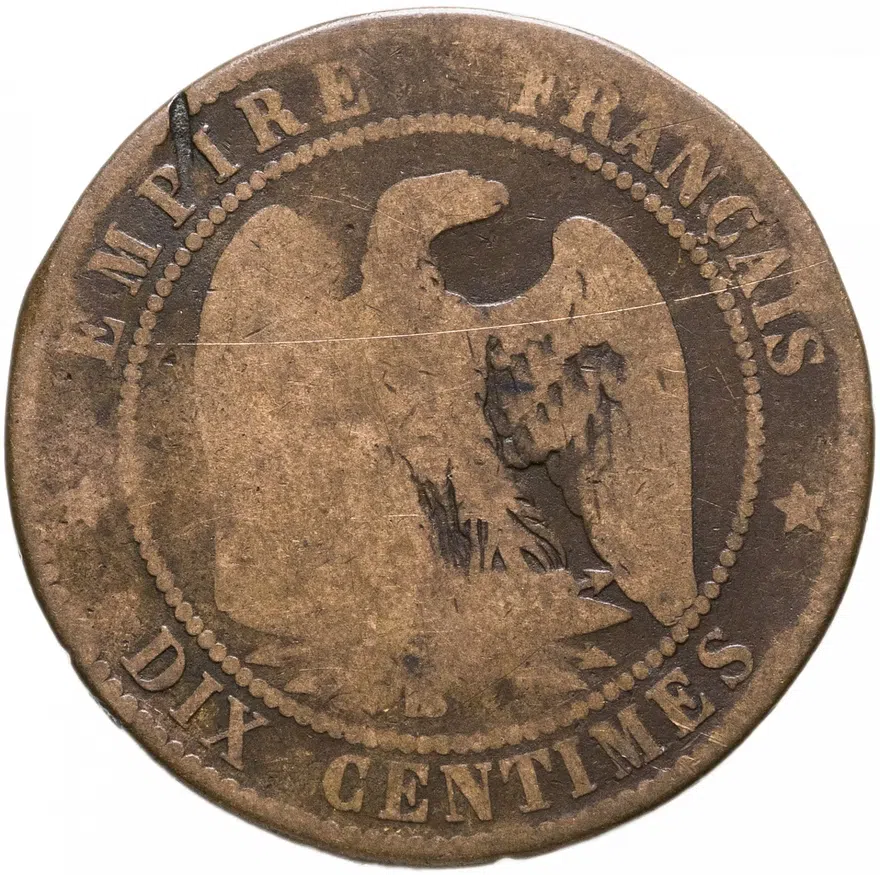 Франция 10 сантимов (centimes) 1861 BB   знак монетного двора: "BB" - Страсбург, реверс