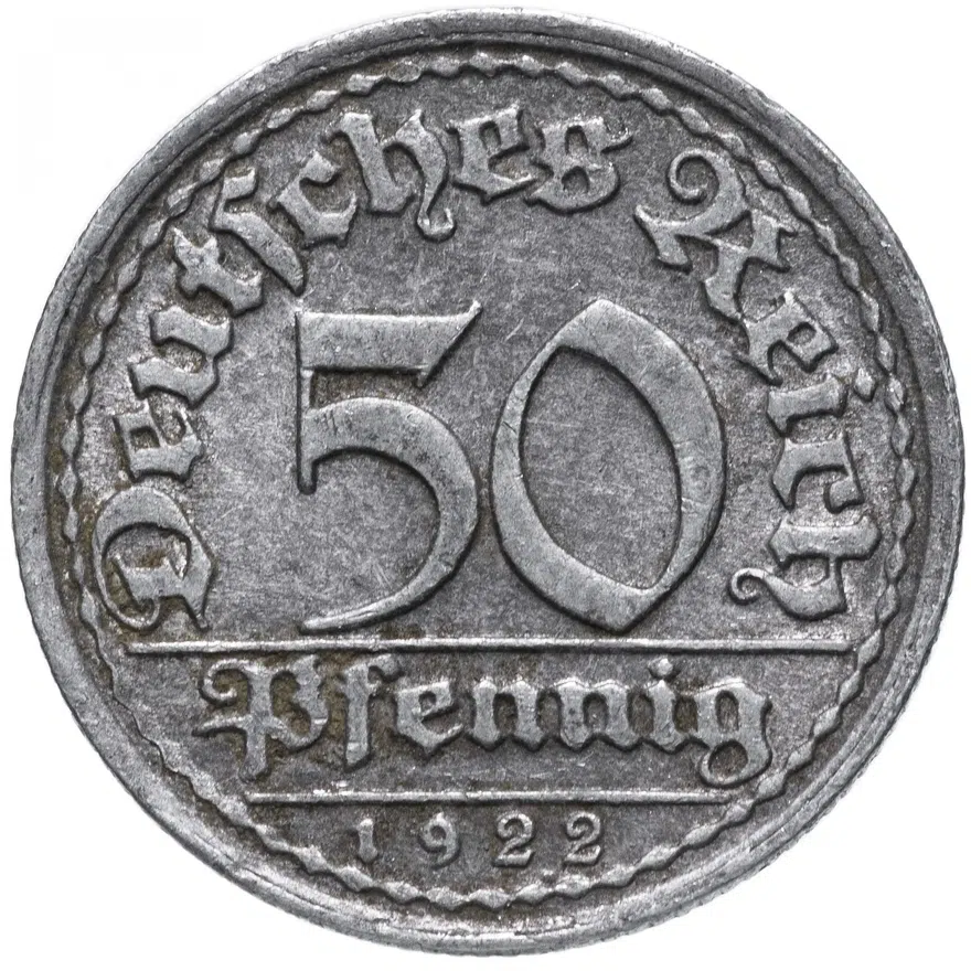 Германия (Веймарская республика) 50 пфеннигов (pfennig) 1922 F, аверс