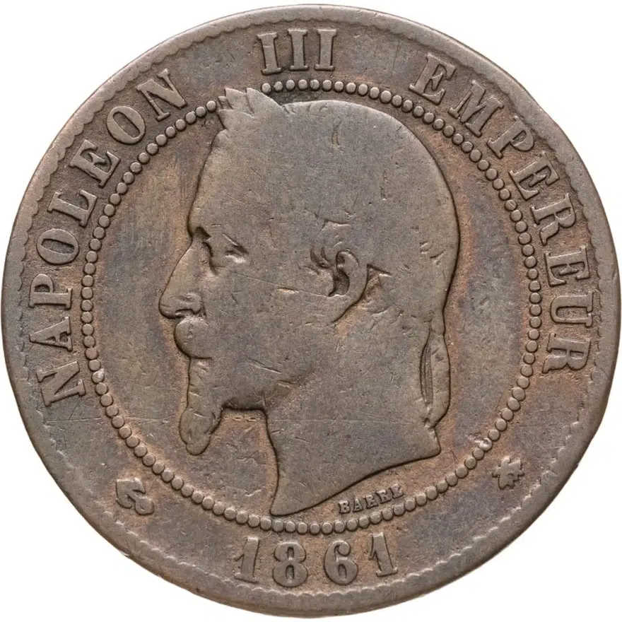Франция 10 сантимов (centimes) 1861 A  знак монетного двора: "A" - Париж, аверс