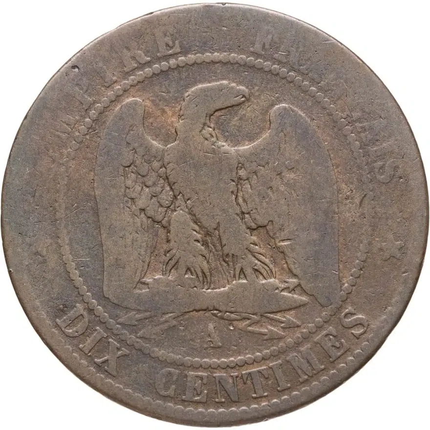 Франция 10 сантимов (centimes) 1861 A  знак монетного двора: "A" - Париж, реверс