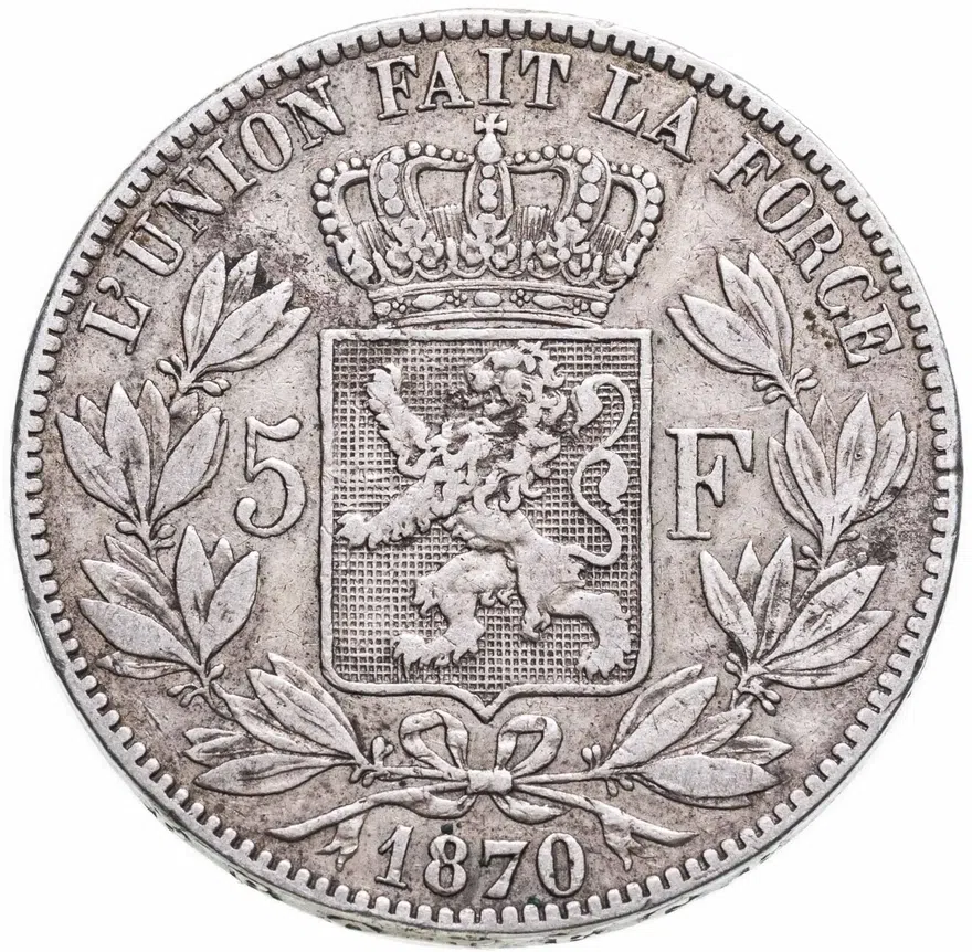 Бельгия 5 франков (francs) 1870, реверс