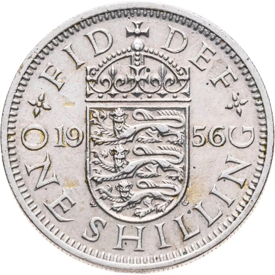 Великобритания 1 шиллинг (shilling) 1956  Английский герб - 3 льва внутри коронованного щита, аверс