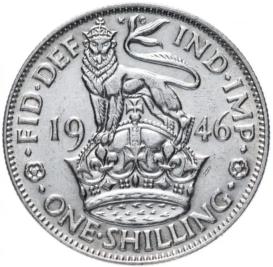 Великобритания 1 шиллинг (shilling) 1946   Английский шиллинг - лев, стоящий на короне, аверс