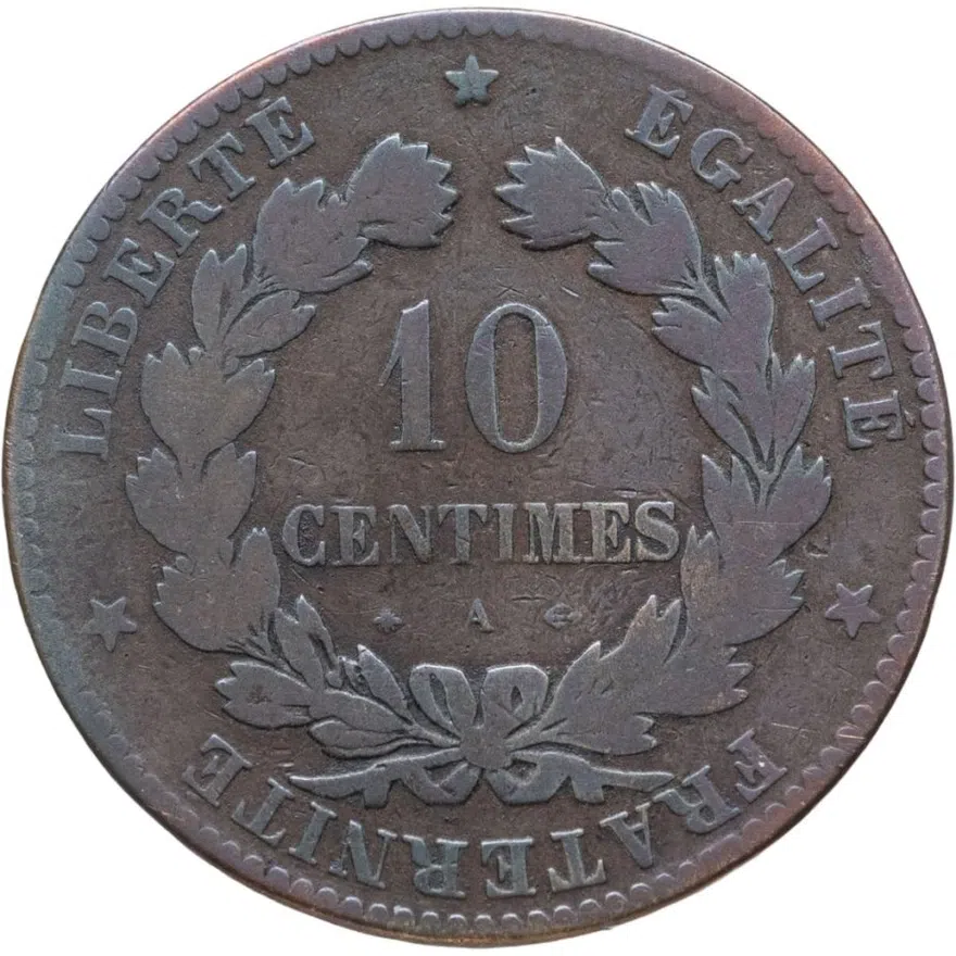 Франция 10 сантимов (centimes) 1874 A  знак монетного двора: "A" - Париж, аверс