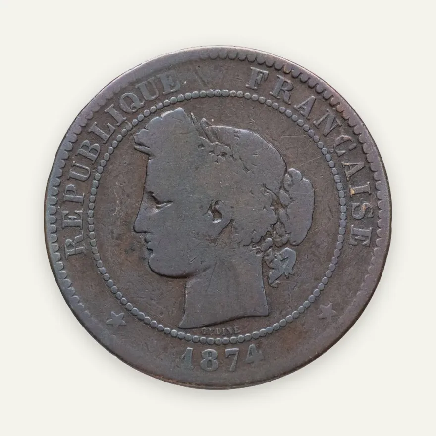Франция 10 сантимов (centimes) 1874 A  знак монетного двора: "A" - Париж, реверс