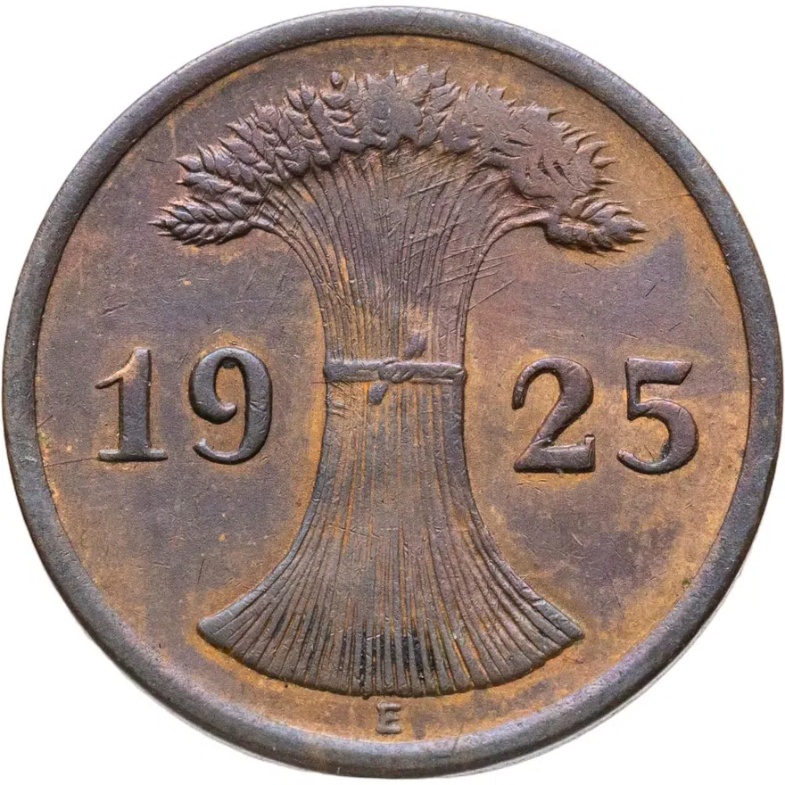 Германия 2 рейхспфеннига (reichspfennig) 1925 E  знак монетного двора "E" — Мульденхюттен, реверс