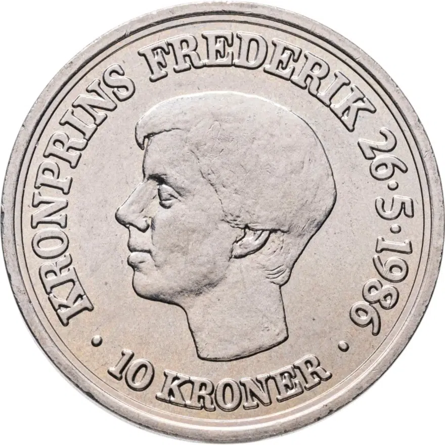 Дания 10 крон (kroner) 1986  18 лет со дня рождения Кронпринца Фредерика, реверс