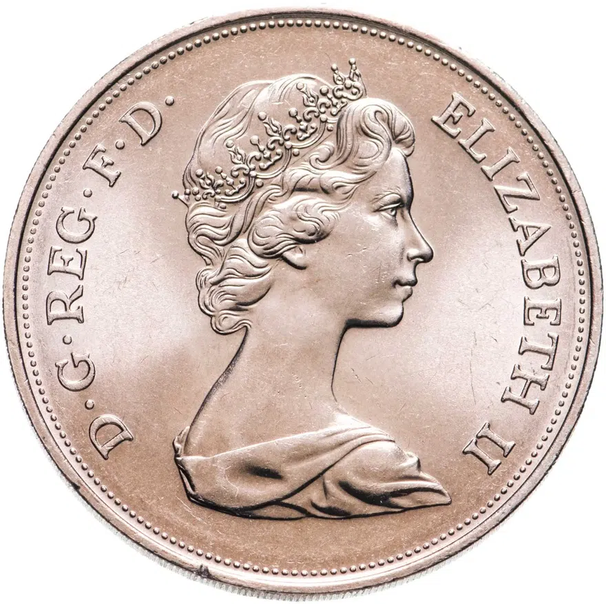 Великобритания 25 пенсов (pence) 1972  Королевская серебряная свадьба, аверс