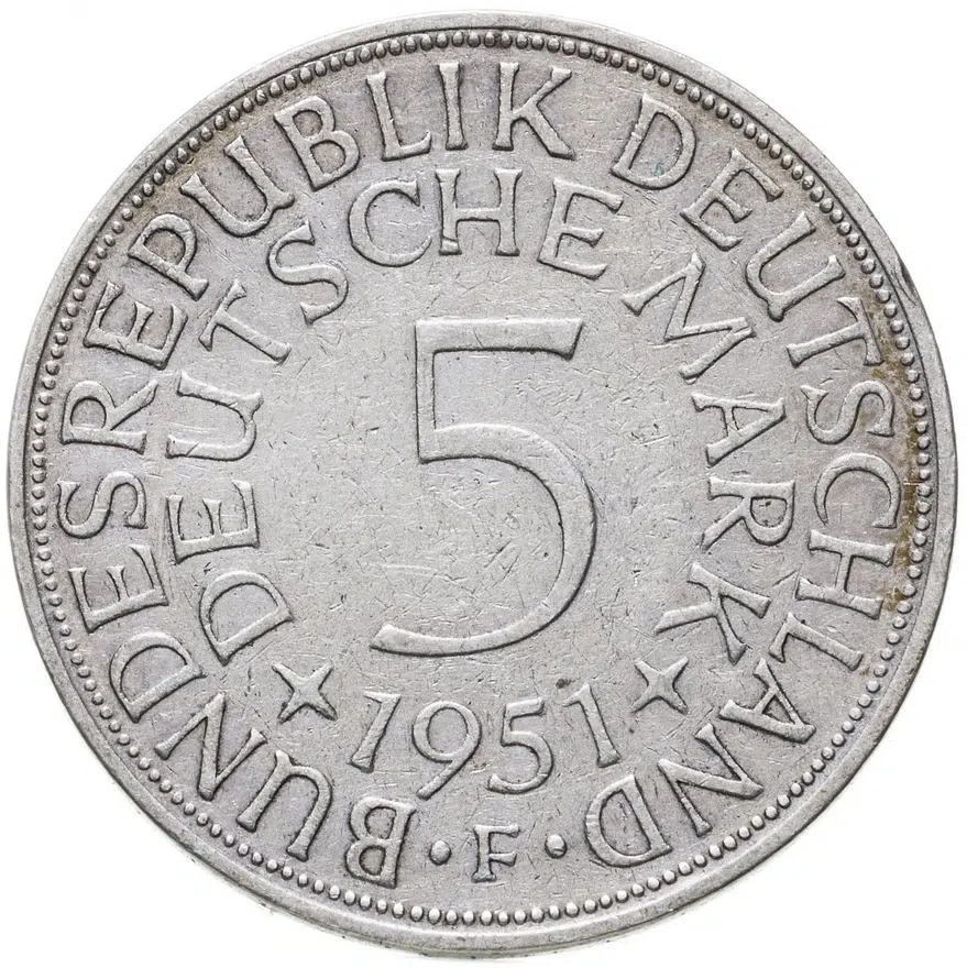 Германия 5 марок (deutsche mark) 1951 F  знак монетного двора: "F" - Штутгарт