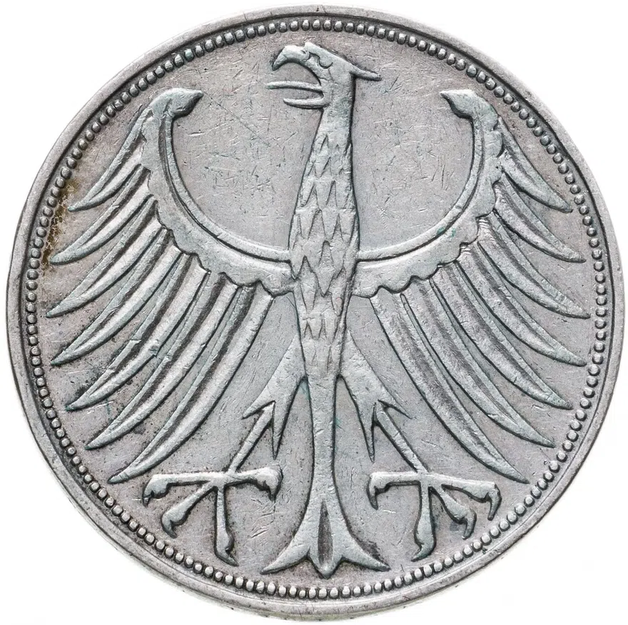 Германия 5 марок (deutsche mark) 1951 F  знак монетного двора: "F" - Штутгарт, реверс