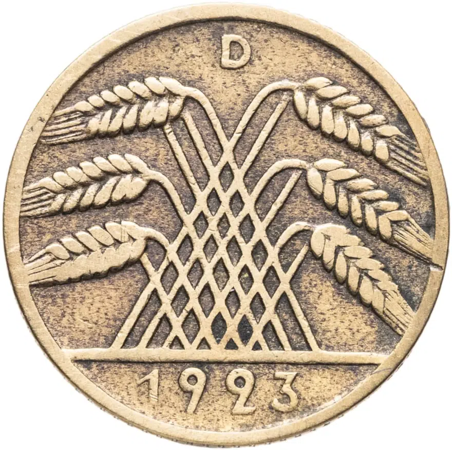 Германия 10 рентных пфеннигов (рентенпфеннигов, rentenpfennig) 1923 D  знак монетного двора "D" — Мюнхен, аверс