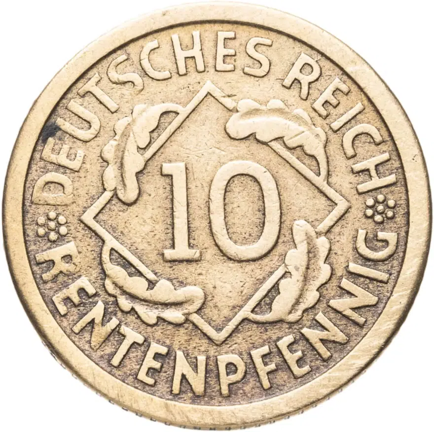 Германия 10 рентных пфеннигов (рентенпфеннигов, rentenpfennig) 1923 D  знак монетного двора "D" — Мюнхен, реверс
