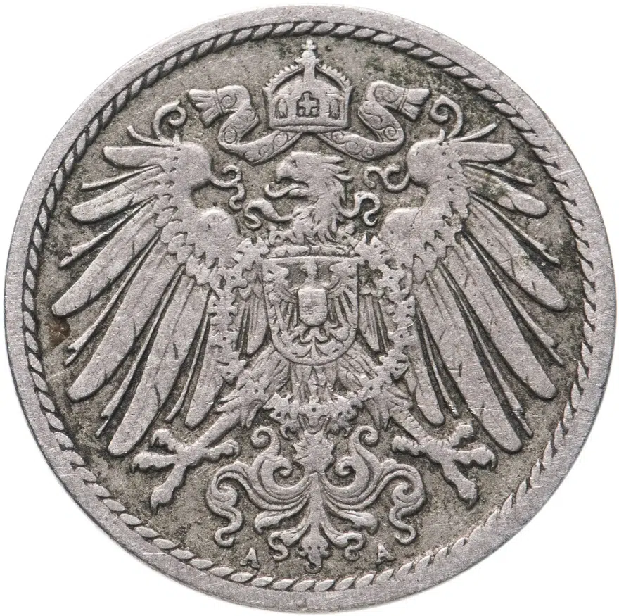 Германия 5 пфеннигов (pfennig) 1894 A  знак монетного двора: "A" - Берлин, аверс