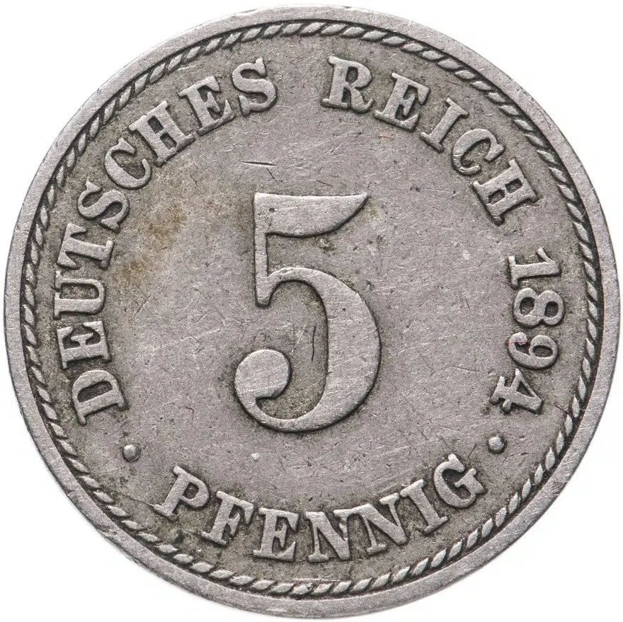 Германия 5 пфеннигов (pfennig) 1894 A  знак монетного двора: "A" - Берлин, реверс