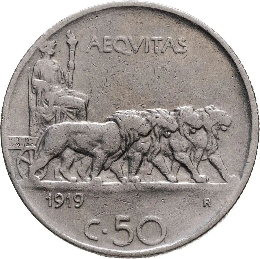 Италия 50 чентезимо (centesimi) 1919   Ребристый гурт, реверс