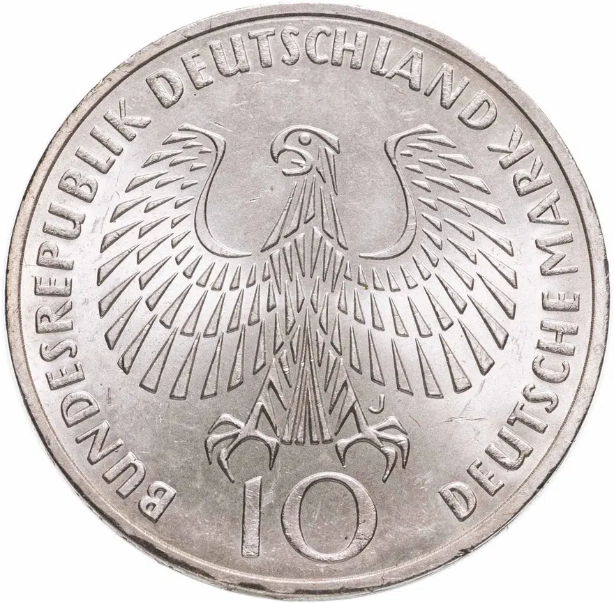 Германия (ФРГ) 10 марок 1972 J "Олимпиада в Мюнхене - Олимпийский огонь", аверс