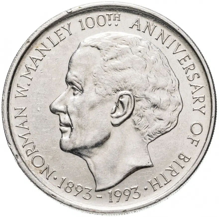Ямайка 5 долларов 1993 "100 лет со дня рождения Нормана Вашингтона Мэнли", аверс