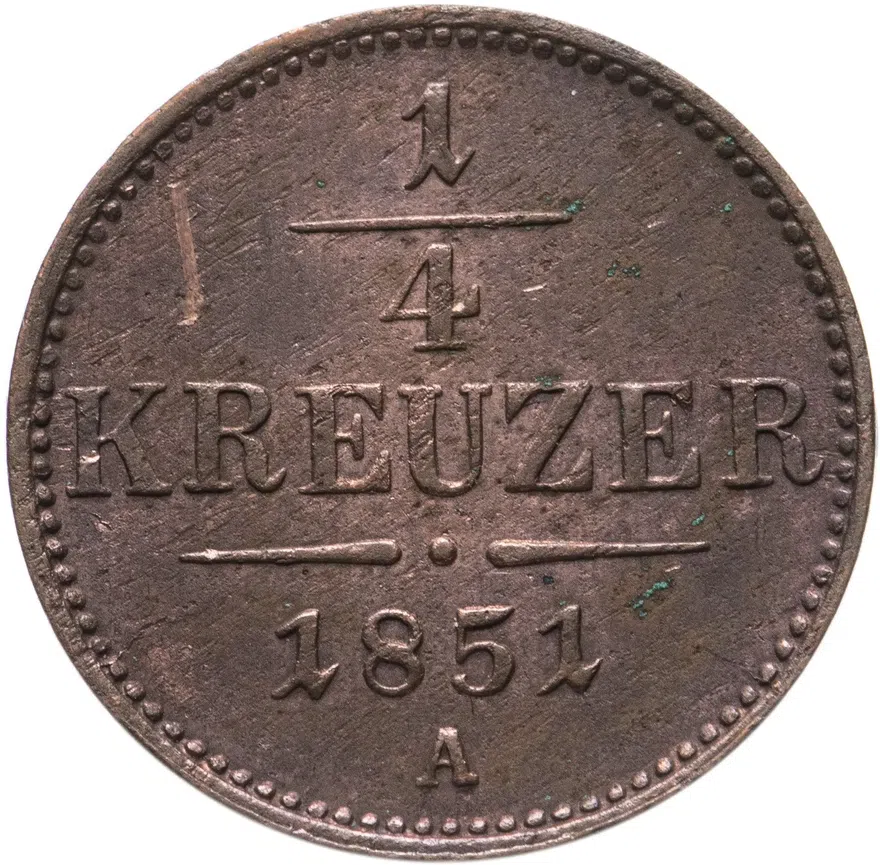 Австрия 1/4 крейцера (kreuzer) 1851 A  знак монетного двора "A" - Вена, аверс