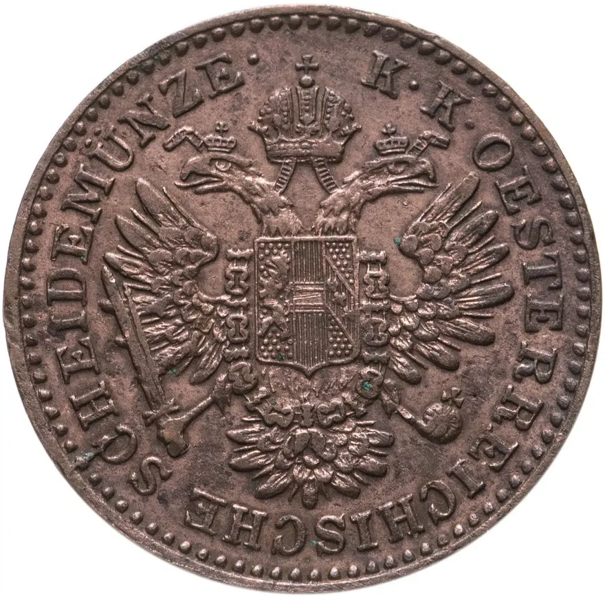 Австрия 1/4 крейцера (kreuzer) 1851 A  знак монетного двора "A" - Вена, реверс