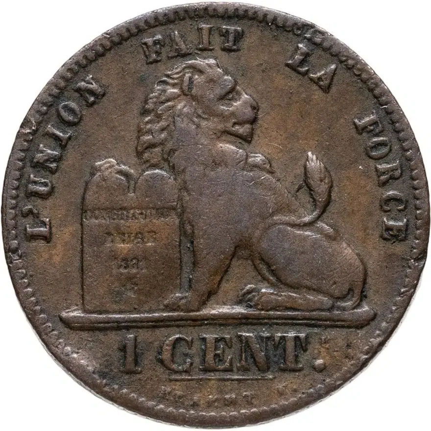 Бельгия 1 сантим (centime) 1859   С чертой под "CENT", реверс