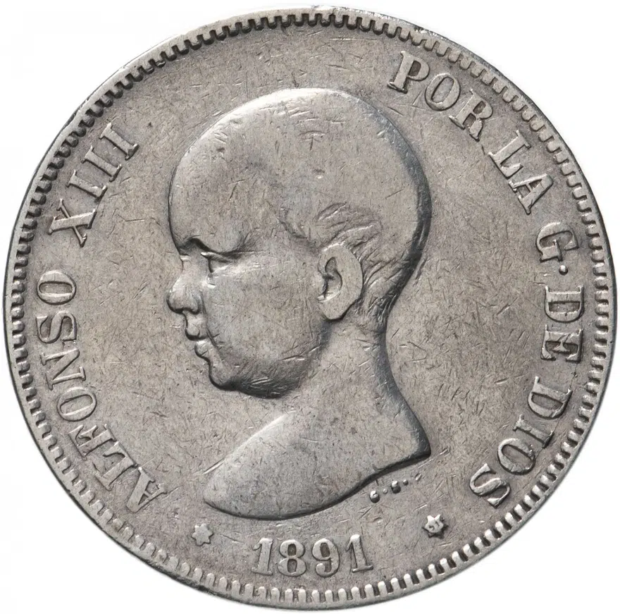 Испания 5 песет (pesetas) 1891, аверс