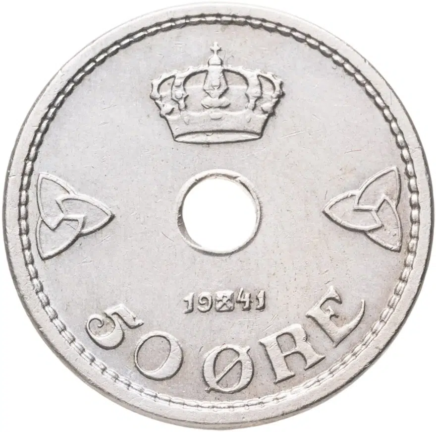 Норвегия 50 эре (ore) 1941  Форма: Круг c отверстием