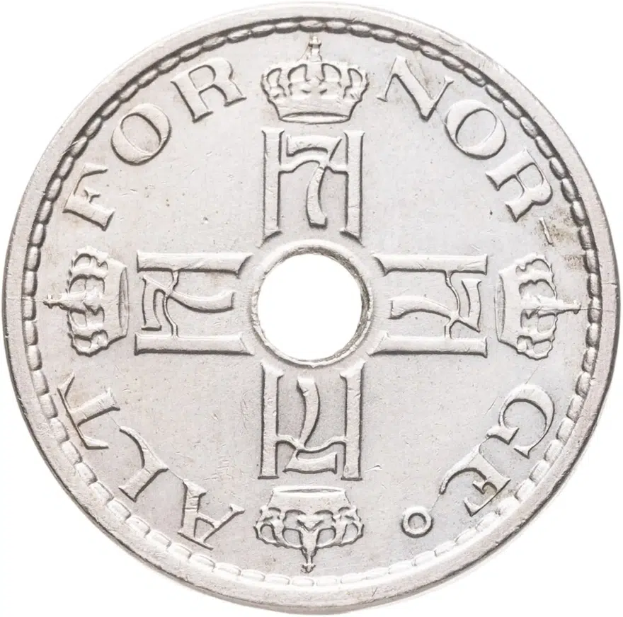 Норвегия 50 эре (ore) 1941  Форма: Круг c отверстием, реверс