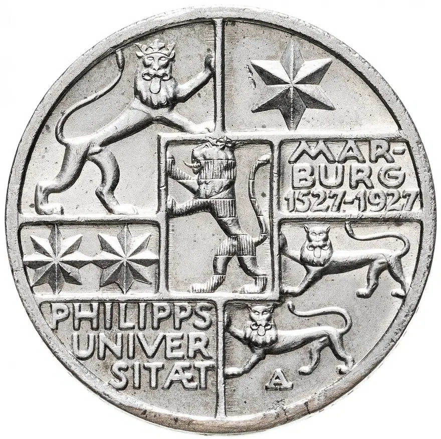 Германия 3 рейхсмарки (reichsmark) 1927 A 400 лет Марбургскому университету имени Филиппа