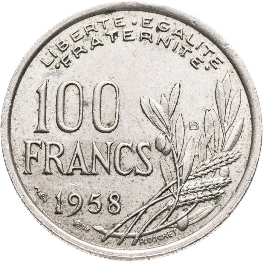 Франция 100 франков (francs) 1958 B  знак монетного двора: "B" - Бомон-ле-Роже, реверс