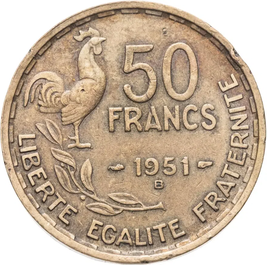 Франция 50 франков (francs) 1951 B  знак монетного двора: "B" - Бомон-ле-Роже